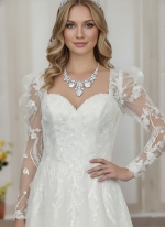 A-Line Beaded and Sequined Floral Lace Appliqued Tulle Wedding Dress with Layer of Glittery Tulle - MO-A6004