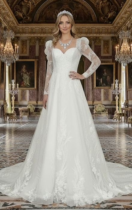 A-Line Beaded and Sequined Floral Lace Appliqued Tulle Wedding Dress with Layer of Glittery Tulle - MO-A6004